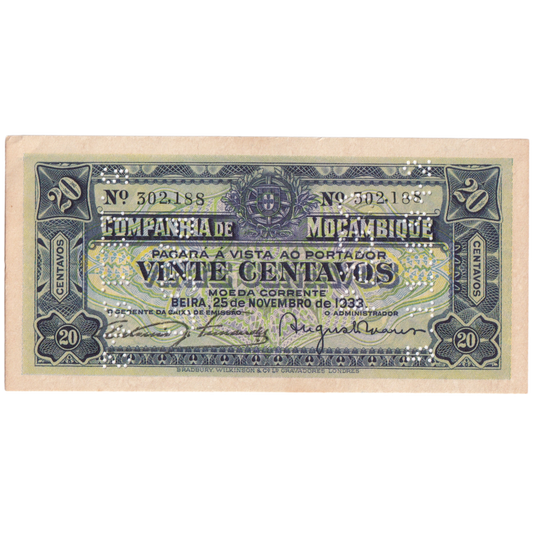 MOZAMBIQUE 1933 20 CENTAVOS UNC 302,188 Banknote