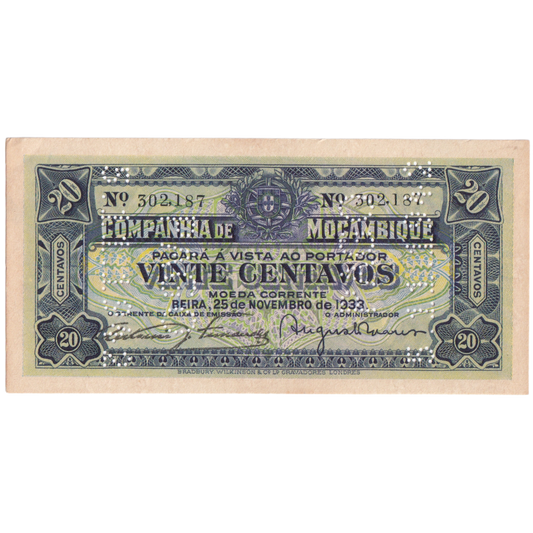 MOZAMBIQUE 1933 20 CENTAVOS AUNC 302,187 Banknote