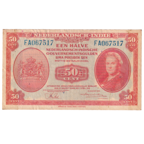 Netherlands Indies 1943 50 Cent VF FA067517 Banknote