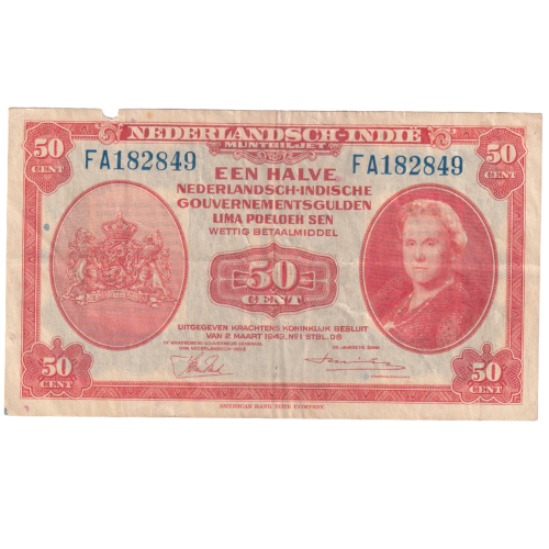 Nederlands 1943 50 Cent F FA182849 Banknote 