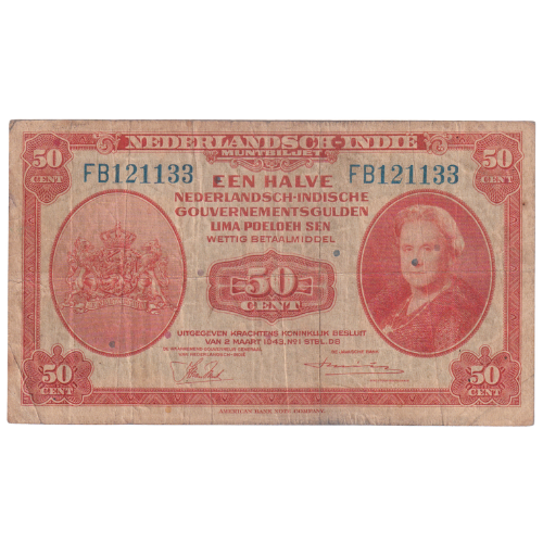 Nederlands 1943 50 Cent F FB121133 Banknote 