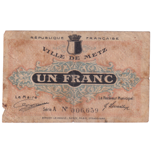 Ville De Metz 1918 1 Franc G 006,659 Banknote 