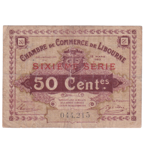 Chambre De Commerce 1920 50 Centes F 044,215 Banknote 