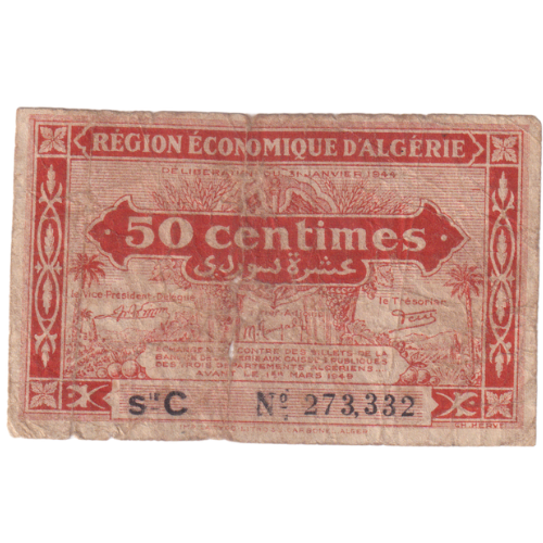 Algeria 1944 50 Centimes F 273,332 Banknote