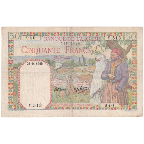 Algeria 1940 50 Francs VF Y513940 Banknote