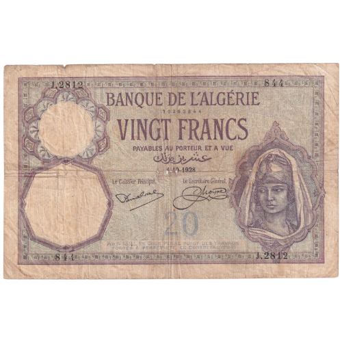 Algeria 1928 20 Francs F J2812844 Banknote