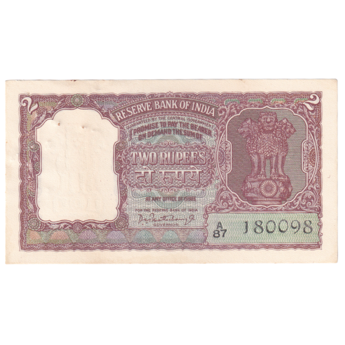India 1962-1995 2 Rupees F A87 180098 Banknote