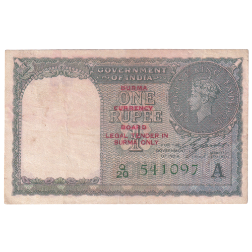India 1940 1 Rupee George VI King F Q20 541097 Banknote (Over print)