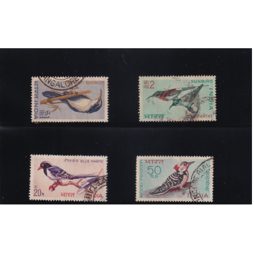 Vintage India Bird Postage Stamp Set – Babbler, Sunbird, Blue Magpie & Woodpecker