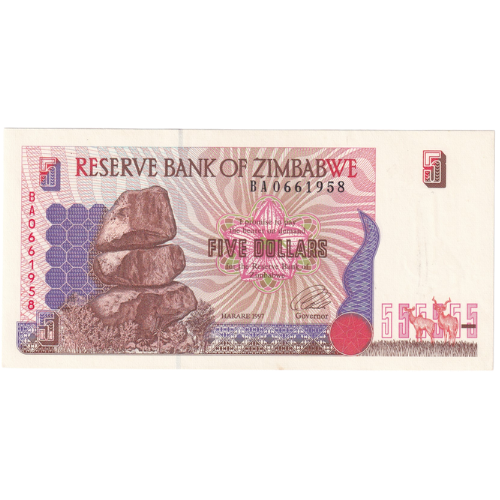 Zimbabwe 1997 5 Dollars Currency Note BA 0661958